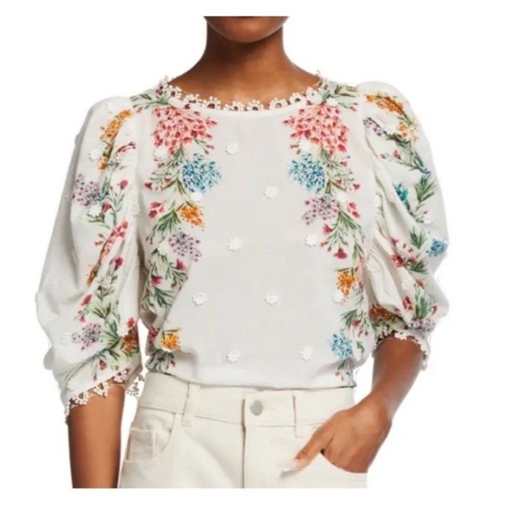 FARM RIO Louise Floral Print Womens Sz S Blouse Embroidery Puff Sleeves Romantic - Picture 3 of 14